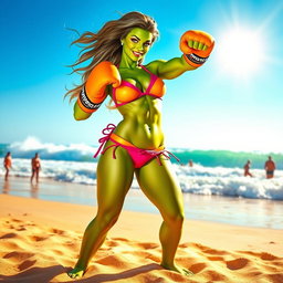 A powerful and confident She-Hulk character, vibrant and muscular, standing on a sunny beach wearing a stylish bikini