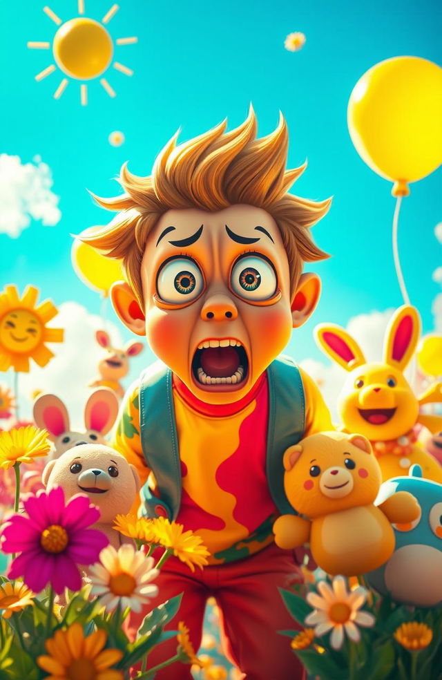 A vivid depiction of extreme fear set in a bright and cheerful environment, showcasing a character with wide eyes and a terrified expression amidst colorful flowers and sunny skies