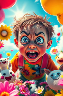 A vivid depiction of extreme fear set in a bright and cheerful environment, showcasing a character with wide eyes and a terrified expression amidst colorful flowers and sunny skies