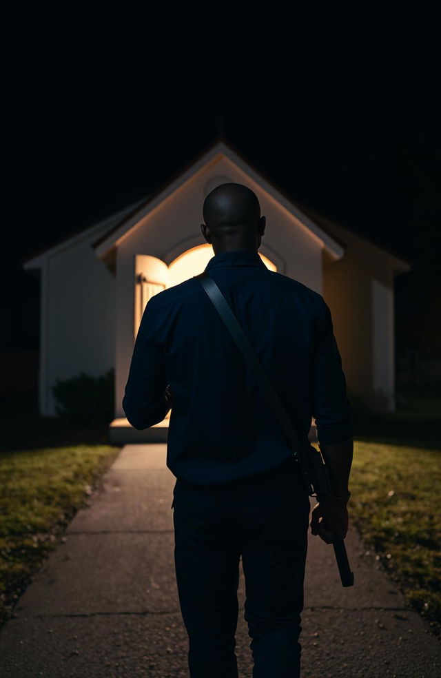 The back view of a black man wearing a deep blue shirt, confidently walking towards a small, quaint church at night