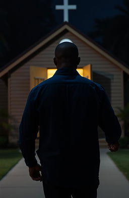 The back view of a black man wearing a deep blue shirt, confidently walking towards a small, quaint church at night