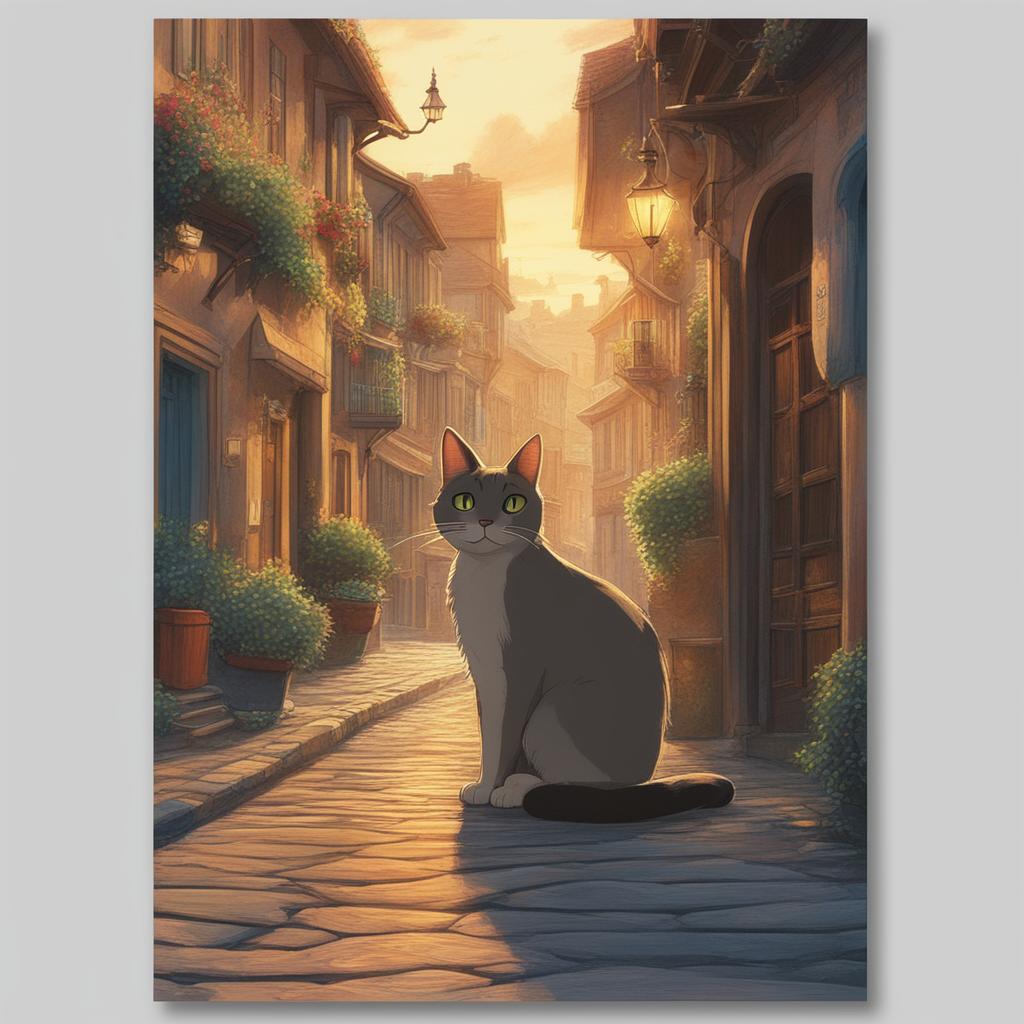 A high-definition digital art poster capturing a street cat in the unique style of Studio Ghibli