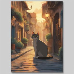 A high-definition digital art poster capturing a street cat in the unique style of Studio Ghibli