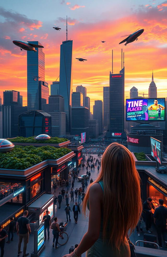 A futuristic city skyline during sunset, showcasing a blend of sleek skyscrapers and lush green rooftops