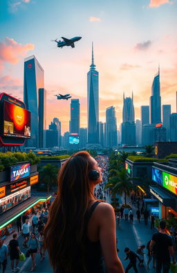 A futuristic city skyline during sunset, showcasing a blend of sleek skyscrapers and lush green rooftops