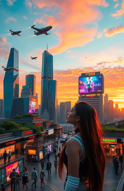 A futuristic city skyline during sunset, showcasing a blend of sleek skyscrapers and lush green rooftops