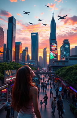 A futuristic city skyline during sunset, showcasing a blend of sleek skyscrapers and lush green rooftops