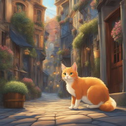 A high-definition digital art poster capturing a street cat in the unique style of Studio Ghibli