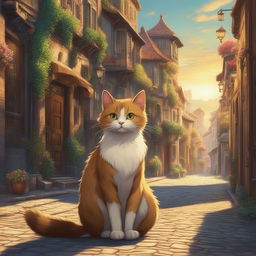 A high-definition digital art poster capturing a street cat in the unique style of Studio Ghibli