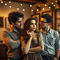 A romantic and dramatic portrayal of a love triangle, featuring three diverse characters in an emotional standoff