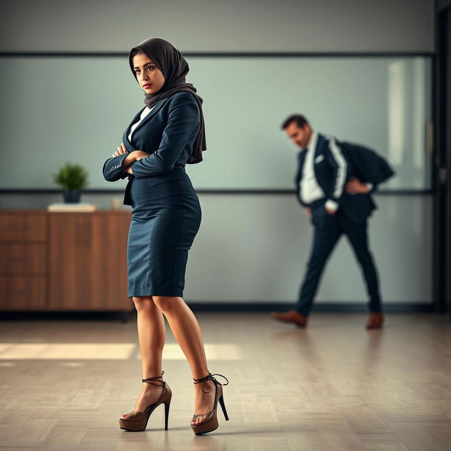 A 40-year-old Arab woman with a fit body wearing a hijab looks sad while dressed in a professional secretary uniform