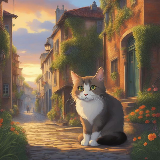 A high-definition digital art poster capturing a street cat in the unique style of Studio Ghibli