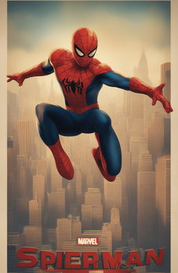 A retro-style digital poster of Marvel's Spiderman, set against a stylized New York City background