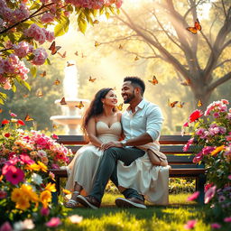 A serene and heartwarming scene of love, featuring a diverse couple sharing a tender moment in a beautiful garden