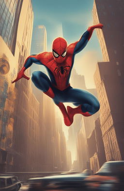 A retro-style digital poster of Marvel's Spiderman, set against a stylized New York City background