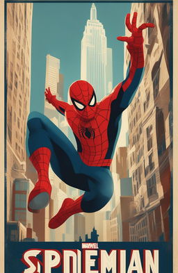 A retro-style digital poster of Marvel's Spiderman, set against a stylized New York City background