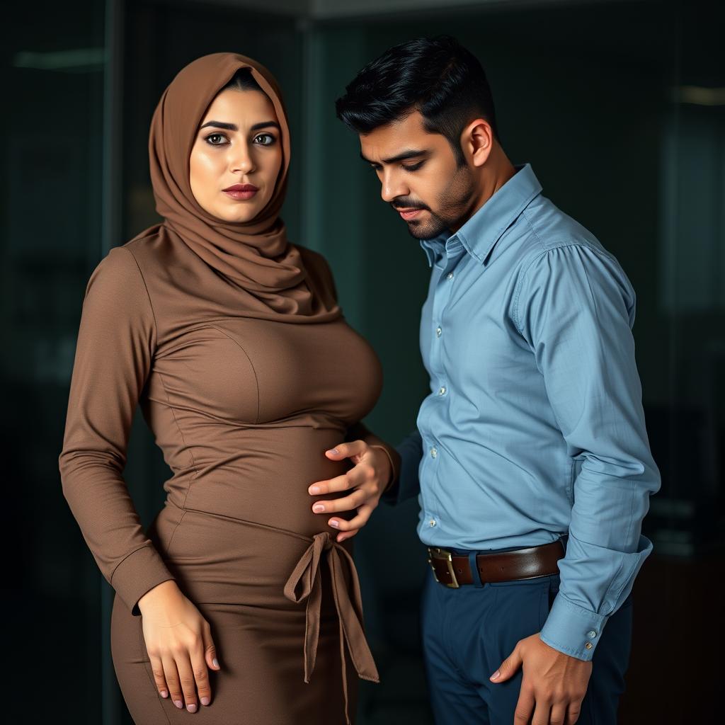 A 40-year-old Arab woman wearing a hijab, with a fit body and a sad expression on her face