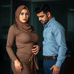 A 40-year-old Arab woman wearing a hijab, with a fit body and a sad expression on her face