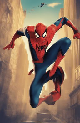 A retro-style digital poster of Marvel's Spiderman, set against a stylized New York City background