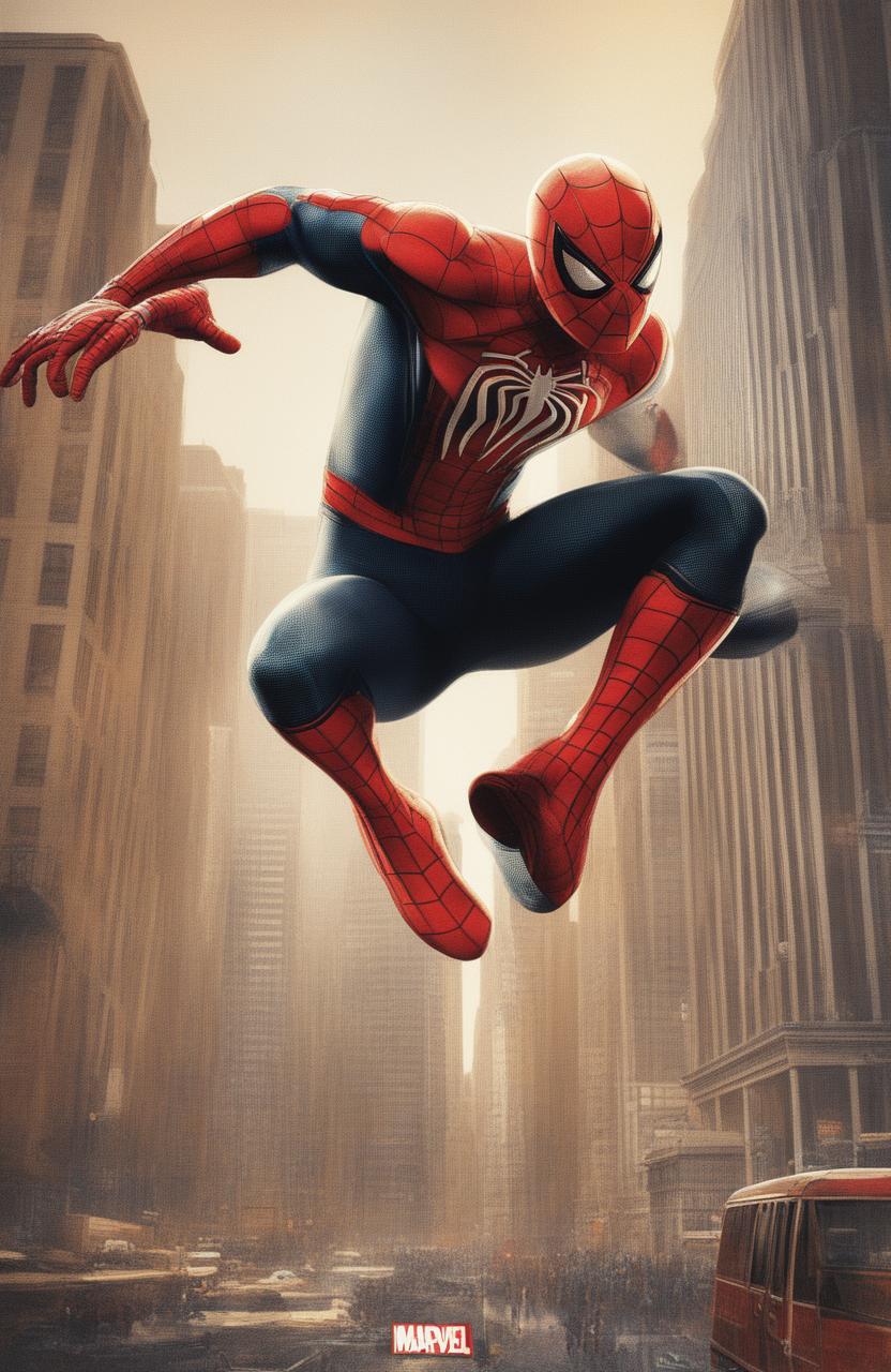 A close-up, 32k ultra HD vintage-style poster of Marvel's Spiderman, set against a stylized New York City background