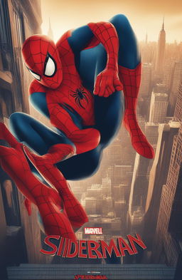 A close-up, 32k ultra HD vintage-style poster of Marvel's Spiderman, set against a stylized New York City background