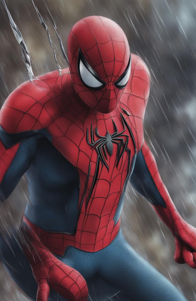 A close-up, high-resolution digital image of a battle-weary Spiderman under pouring rain