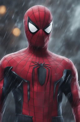 A close-up, high-resolution digital image of a battle-weary Spiderman under pouring rain