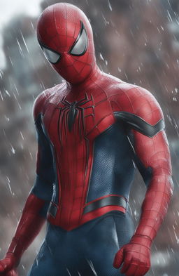 A close-up, high-resolution digital image of a battle-weary Spiderman under pouring rain