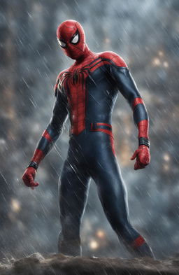 A close-up, high-resolution digital image of a battle-weary Spiderman under heavy rain
