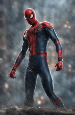 A close-up, high-resolution digital image of a battle-weary Spiderman under heavy rain