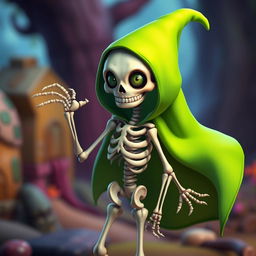 A whimsical skeleton character adorned with a vibrant green cape that billows dramatically behind it