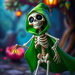 A whimsical skeleton character adorned with a vibrant green cape that billows dramatically behind it