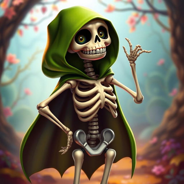 A whimsical skeleton character adorned with a vibrant green cape that billows dramatically behind it