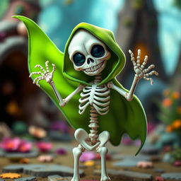 A whimsical skeleton character adorned with a vibrant green cape that billows dramatically behind it