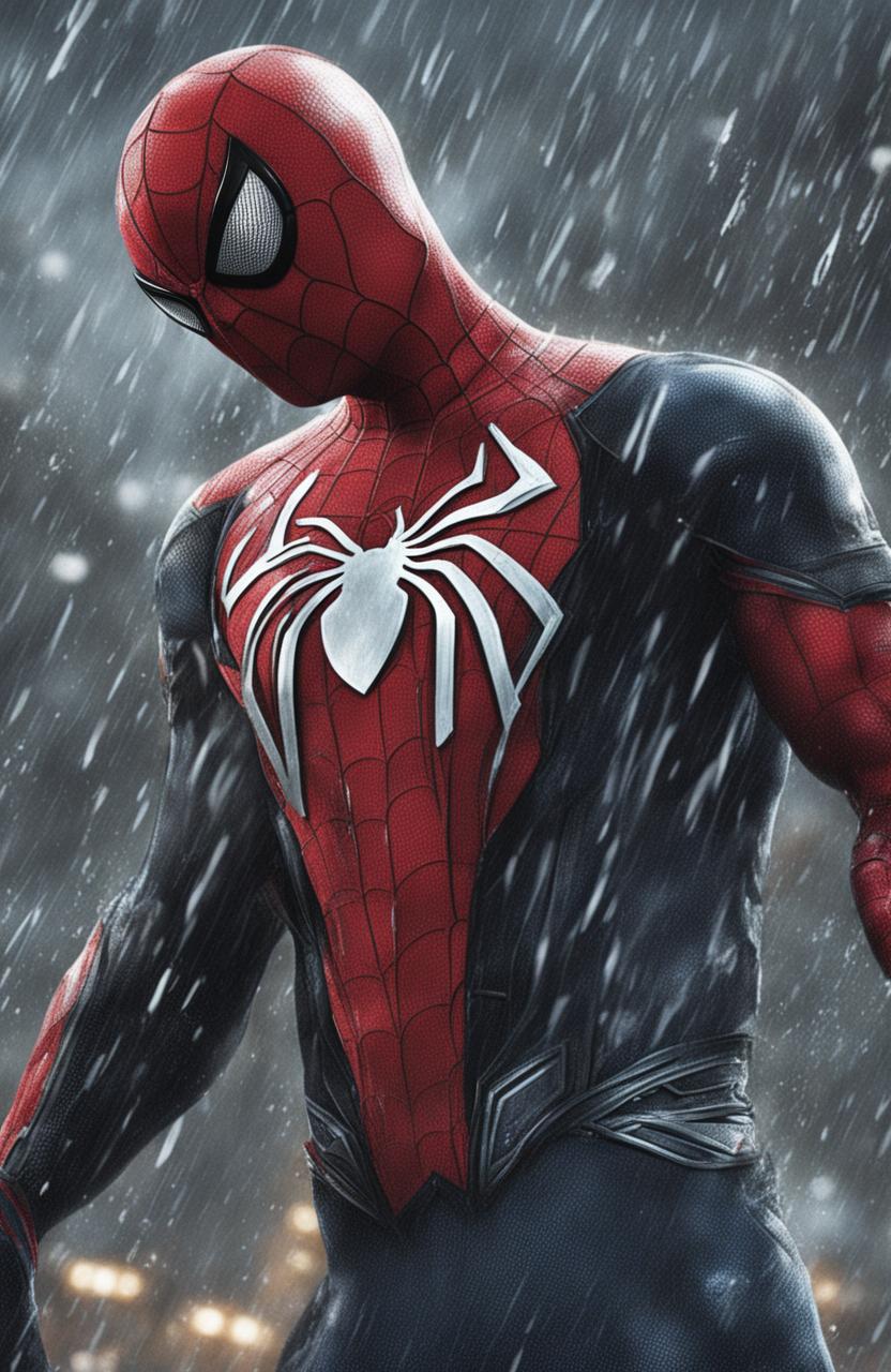 A close-up, high-resolution digital image of a battle-weary Spiderman under heavy rain