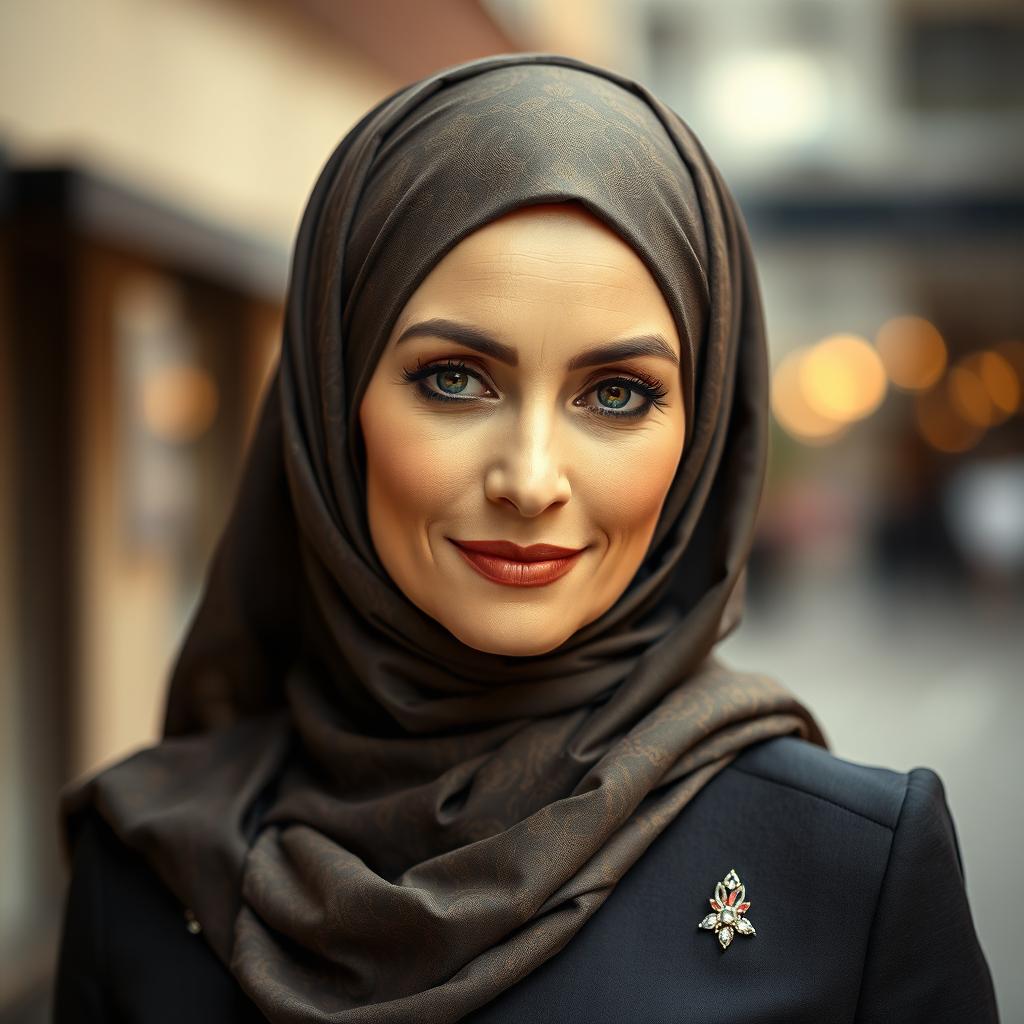 A mature, attractive woman in her 40s wearing a beautifully styled hijab