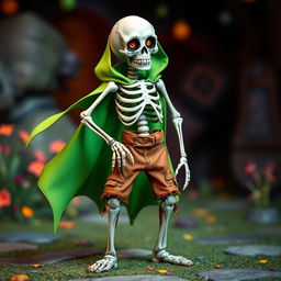 A playful skeleton character dressed in a vibrant green cape that flows elegantly behind it, coupled with rugged, torn brown pants that add a touch of whimsy to its eerie charm