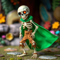 A playful skeleton character dressed in a vibrant green cape that flows elegantly behind it, coupled with rugged, torn brown pants that add a touch of whimsy to its eerie charm