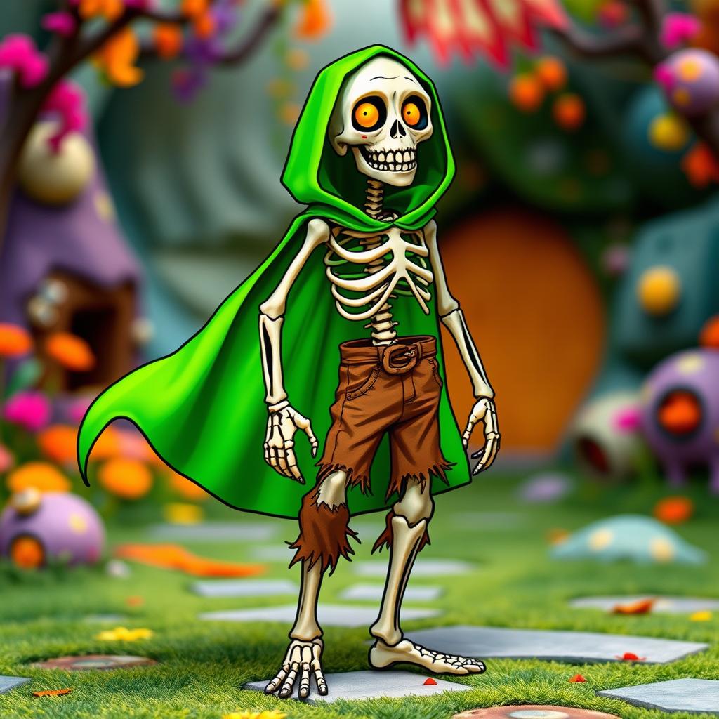 A playful skeleton character dressed in a vibrant green cape that flows elegantly behind it, coupled with rugged, torn brown pants that add a touch of whimsy to its eerie charm