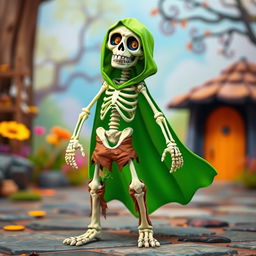 A playful skeleton character dressed in a vibrant green cape that flows elegantly behind it, coupled with rugged, torn brown pants that add a touch of whimsy to its eerie charm