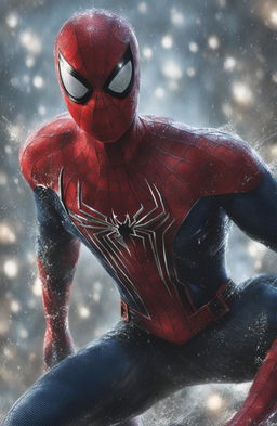 A close-up, high-resolution digital image of a battle-weary Spiderman under heavy rain