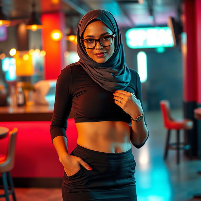 A sexy, confident woman in her 40s wearing a stylish hijab that elegantly frames her face