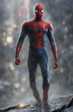 A close-up, high-resolution digital image of a battle-weary Spiderman under heavy rain