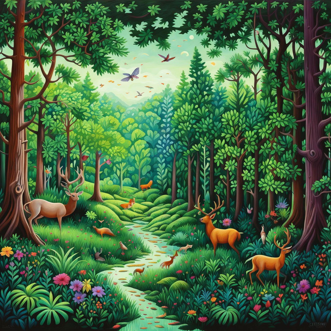 A high-quality digital art piece depicting a vibrant forest scene filled with a variety of trees, colorful flowers, and animals such as a deer, a squirrel, and an owl