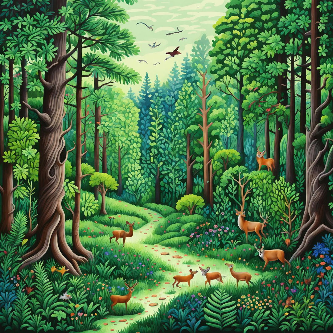 A top-quality digital art piece featuring a vibrant forest scene filled with a variety of trees, colorful flowers, and animals including a deer, a squirrel, and an owl