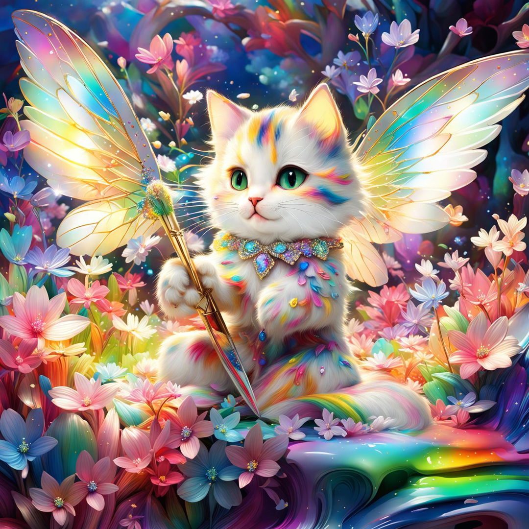 A digital art image featuring a white kitty fairy with iridescent wings, brushing its fur with a gem-studded brush in a vibrant blossom field