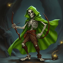 A striking skeleton character designed for a Dungeons & Dragons campaign, dressed in a vibrant green cape that flows dramatically behind it, accentuating its eerie yet charismatic presence