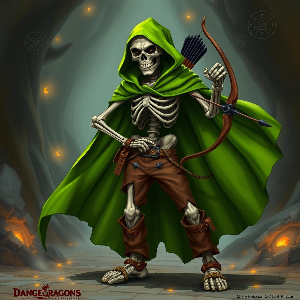 A striking skeleton character designed for a Dungeons & Dragons campaign, dressed in a vibrant green cape that flows dramatically behind it, accentuating its eerie yet charismatic presence