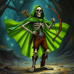 A striking skeleton character designed for a Dungeons & Dragons campaign, dressed in a vibrant green cape that flows dramatically behind it, accentuating its eerie yet charismatic presence