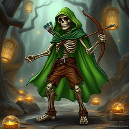 A striking skeleton character designed for a Dungeons & Dragons campaign, dressed in a vibrant green cape that flows dramatically behind it, accentuating its eerie yet charismatic presence